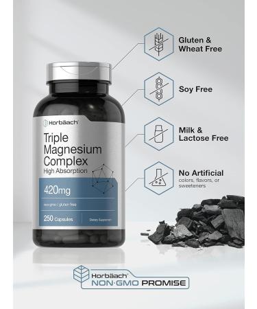 Triple Magnesium Complex 420mg | 250 Capsules | Non-GMO & Gluten-Free | Oxide, Citrate & Aspartate Formula | Dietary Supplement by Horbaach - Buy Online on GoSupps.com