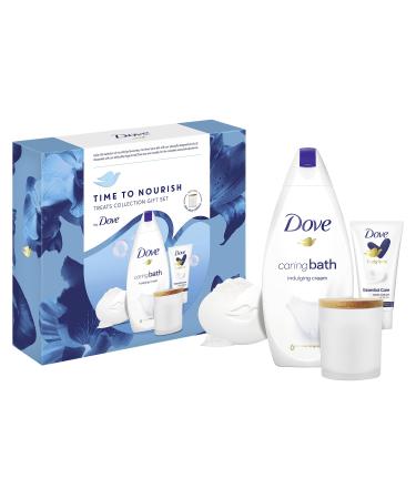 Dove Time to Nourish Treats Collection Bath soak Hand Cream and Beauty Bar Gift Set with a soy wax candle skin care products for her 3 piece