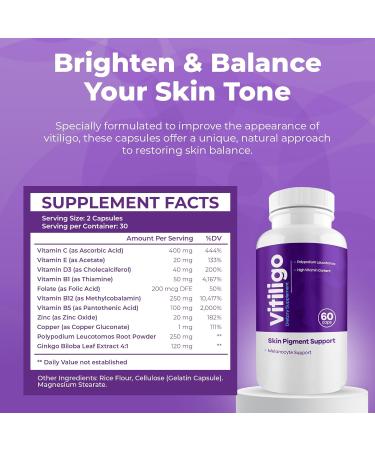 AURA VITAMINS - Vitiligo Capsules 60 Count | 1 Month | Improve Skin Pigmentation Support and Reduce White Spots | Effective Vitiligo Supplement | Natural Solution for White Spots on Skin. (1) - Buy Online on GoSupps.com