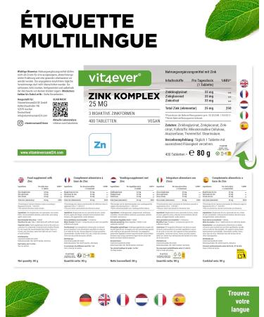Complexe Zinc 25 mg - 400 Comprim s - Avec 3 Formes de Zinc Biodisponibles (Bisglycinate de Zinc Gluconate de Zinc Citrate de Zinc) - Vegan Hautement Dos Sans Additifs inutiles - Buy Online on GoSupps.com