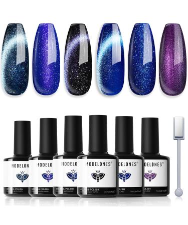 Modelones Gel Nail Polish 6 Colors Cat Eye Black Purple Blue Glitter Gel Polish Fall Winter Dark Blue Nail Gel with Magnet Soak Off Led Nail Art DIY Salon Gifts For Women Girl Black Dark Blue