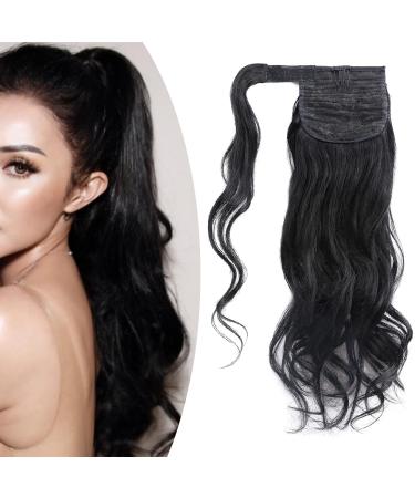 18 inches SEGO Ponytail Hair Extension Human Hair Real Remy Curly Wavy #1 Jet Black Wrap Around One Piece Clip in Hairpieces for Women Body Wave (90g)