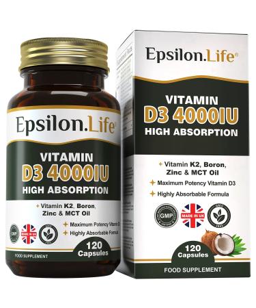 Vitamin D3 K2 Zinc Supplement Vitamin D 4000IU High Strength Formula with Vitamin K2 Mk7 Zinc Boron and MCT Oil for Optimal Absorption 120 D3 & K2 Capsules - Made in The UK