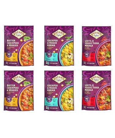 Patak's Ready to Heat Vegetarian Meals, 10.05oz (Pack of 6) Variety Pack (Butter Chickpeas, Veggie Korma, and Lentil & Tikka Masala) Ready to Heat in 90 Seconds Variety Pack Pack of 6