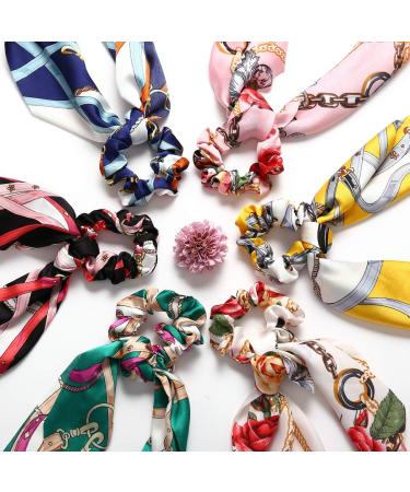 Vintage Floral Satin Bowknot Scrunchies Hair Ties Set with Pearl 6 PCS for Women & Girls - Buy Online on GoSupps.com