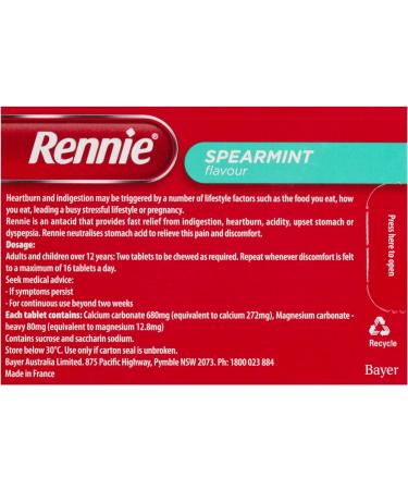 Rennie Spearmint Chewable Tablets - 96ct | Indigestion & Heartburn Relief - Buy Online on GoSupps.com