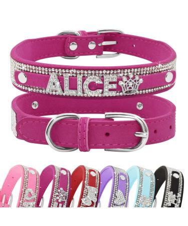 Senristar personalized bling rhinestone dog collar with name custom glitter crystal diamond dog hollow band for small medium large dogs xs (width 1.5 cm neck circumference 20-25 cm) hot pink
