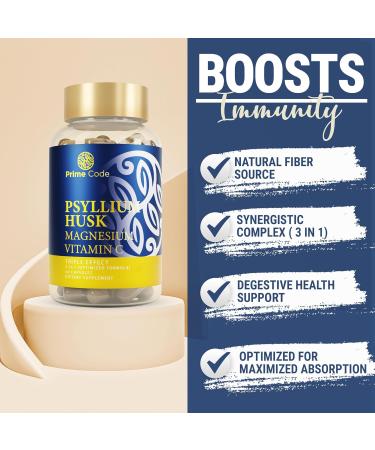 Prime Code 3   Psyllium Husk Capsules with Magnesium Citrate and Vitamin C | Psyllium Husk Capsules 1000mg | Magnesium Citrate 200mg | Vitamin C 250mg | Non-GMO | Gluten & Soy Free | Vegan - Buy Online on GoSupps.com