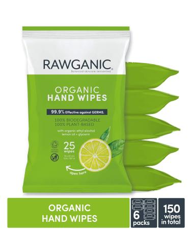 Rawganic Organic Cotton Hand Wipes - 6 Packs, 150 Count with Glycerin and Lemon Oil - Buy Online on GoSupps.com