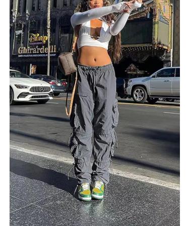 Women's Baggy Cargo Pants | Drawstring Elastic Waist | Ruched Hiking Parachute Lounge Pant - Grey (Small) - Buy Online on GoSupps.com