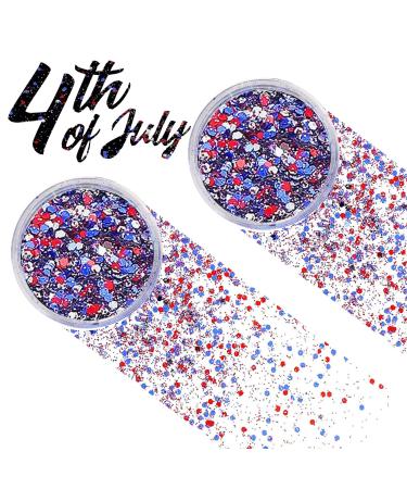 Red White Blue Mixed Holographic Chunky Glitter with Gel  20g (2 Jars x 10g) Crafts Glitter Powder  USA Patriotic Flakes Iridescent Nail Sequins Face Eye Glitter Tumblers  4th of July Decorations