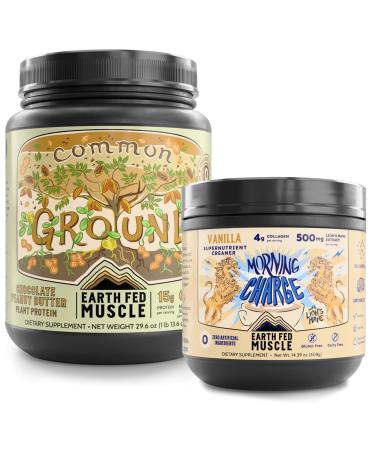 Earth Fed Muscle Plant-Powered Wellness Bundle Common Ground Vegan Protein Powder (Chocolate Peanut Butter) & Morning Charge Coffee Creamer with Collagen & Lion s Mane Daily Energy Focus & Recove