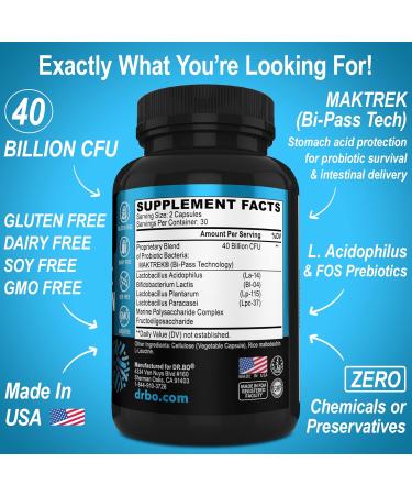 Probiotic 40 Billion CFU Supplement - Lactobacillus Acidophilus Probiotics for Women & Men Capsules - Gluten Free Probiotics for Digestive Health Pills with Bifidobacterium Plantarum Paracasei FOS - Buy Online on GoSupps.com