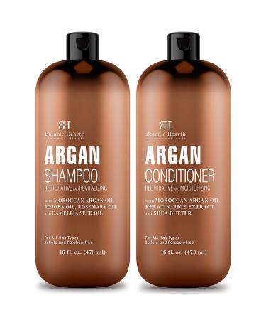 BOTANIC HEARTH Argan Oil Shampoo and Conditioner Set - with Keratin Restorative & Moisturizing Sulfate Free - All Hair Types & Color Treated Hair Men and Women - (Packaging May Vary) -16 fl oz each