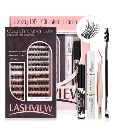 LASHVIEW Diy Lash Extension Kit Cluster Lashes with Lash Bond and Seal Lash Remover Lash Applicator and Lash Brush for DIYEyelash Extensions Kit(703)