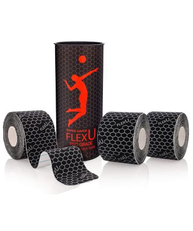 FlexU Kinesiology Tape, Black 3 Roll Pack - Ultra-Thin Rayon, Latex-Free, Hypoallergenic Professional Therapeutic Tape to Alleviate Pain, Reduce Swelling, and Promote Faster Recovery