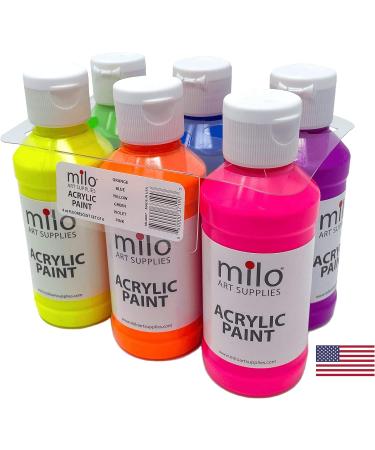 Milo Fluorescent Acrylic Paint Set - 6 Neon Colors | 4 oz Bottles | Made in the USA | Non-Toxic Craft Paint for Artists & Kids | UV Reactive | Glow in Black Light - Buy Online on GoSupps.com
