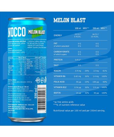  NOCCO NOCCO Sugar-Free BCAA Energy Drink 180mg high in caffeine with amino acids and vitamins ideal for pre-workout 12 x 330ml (Melon Blast) - Buy Online on GoSupps.com