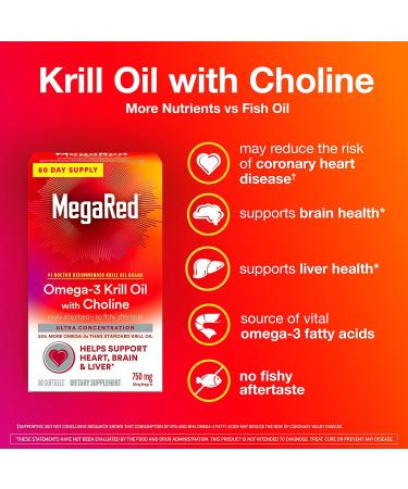 MegaRed Krill Oil 750mg - Top Dr Recommended Omega 3 Supplement with EPA DHA & Phospholipids for Heart Brain & Liver Health - 80 Softgels - Buy Online on GoSupps.com