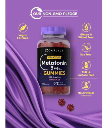 Carlyle Melatonin Gummies 3mg | 90 Count | Fruit Flavor Gummy Supplement | 100% Drug Free Support | Vegan Non-GMO Gluten Free - Buy Online on GoSupps.com