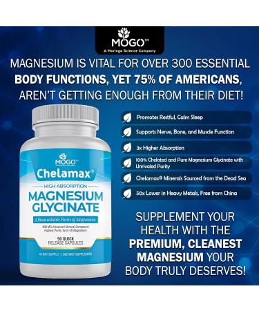 Chelamax Magnesium Glycinate.Dead Sea Sourced 100% Chelated Magnesium for Sleep Support Muscle Cramps Bone Health. Made in USA 3rd Party Tested Heavy Metal Free Glicinato de Magnesio Capsules. 90 Count (Pack of 1) - Buy Online on GoSupps.com