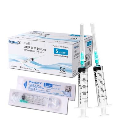 ProtectX 5ml Disposable Luer Slip Sterile Syringe with 21Ga 1.5 Needle, Individually Sealed, Smooth and Accurate Dispensing for Science Labs, 50-Pack 5 ml Luer Slip w/ Needle 50-Pack