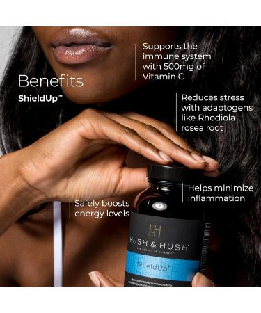 Hush & Hush ShieldUp - Immune Booster Energy Supplement - Brain Booster - Vitamin C, Maca Root, Turmeric and Organic Matcha Leaf Extract - Vegan, Gluten Free - 60 Capsules - Buy Online on GoSupps.com
