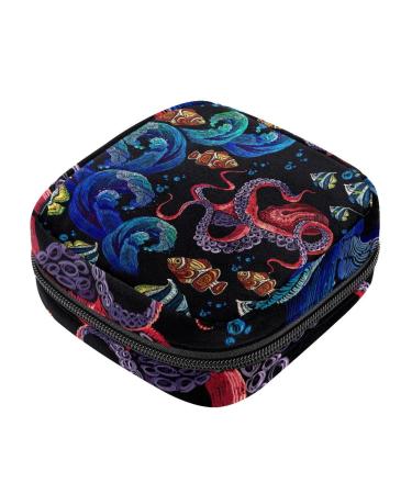 Octopus Sea Wave and Tropical Fish Pattern Sanitary Napkin Storage Bag Portable Period Bag for Women Teen Girls Menstruation Cup Pouch Nursing Pad Holder