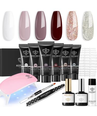 Modelones Poly Nail Gel Kit with Nail Lamp Starter Kit  6 Colors Burgundy Red Brown Champagne Gold Builder Nail Extension Gel All In One Kit Fall Winter Nail Thickening Solution French Manicure DIY at Home A2-Midnight Champagne