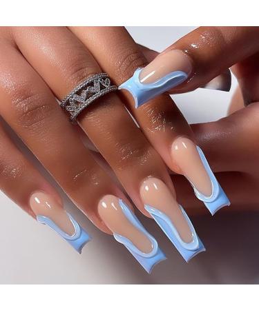 Mrcuvaryas 3D French Nails in Himmelblau 24 pieces Press on Nails Medium Length Square Soft Gel Nail Tips Full Cover Fake Nails angular natural skin color acrylic artificial fingernails for women Blue French