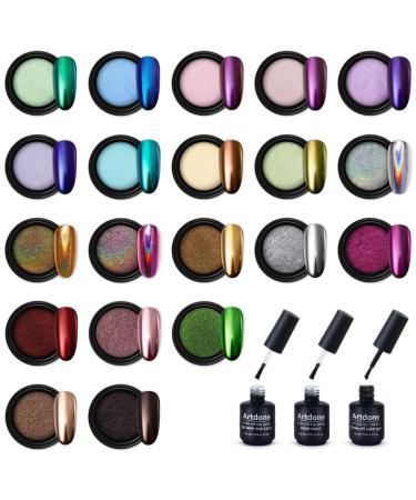 Artdone 20 Jars chrome nail powder with base top coat color gel metallic mirror effect holographic chameleon pigment 1g/Jar for nail art gel polish mermaid unicorn powder 