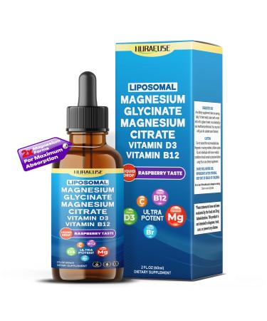 Liposomal Magnesium Glycinate Magnesium Citrate Vitamin D3 Vitamin B12 Liquid Drops Ultra Potent Raspberry Taste USA Made & Lab Tested 2 FL OZ (60ml) 2 Fl Oz (Pack of 1)