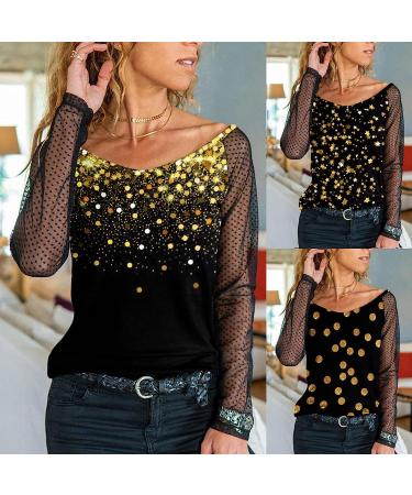 Women's Casual Sequin Flash Printed Pullover Top - Long Sleeve Tunic Blouse in Medium Gold - Buy Online on GoSupps.com