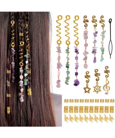 40Pcs Hair Jewelry for Braids, hoyuwak Natural Colored Crystal Stone Hair Braid Accessories Metal Hair Charms Gold Loc Dreadlock Hair Spirals Cuffs Rings for Women Girls Hairstyle Decoration