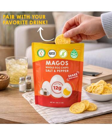 Magos Egg Chips Salt & Pepper, Healthy Snack, High Protein Low Carb, Light Cracker-Style Crunch, 1.1 oz Bags Keto, Vegetarian & Carnivore Friendly, No Gluten Ingredients (3-Pack) - Buy Online on GoSupps.com