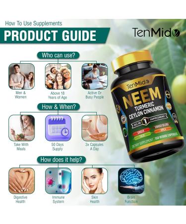 Tenmido Neem Leaf Supplement - 8in1 Formula - Combine with Turmeric Ceylon Cinnamon Ginger Tulsi Ginkgo Biloba Amla and Black Pepper - Immune Health Support - 150 Vegan Capsules - Buy Online on GoSupps.com