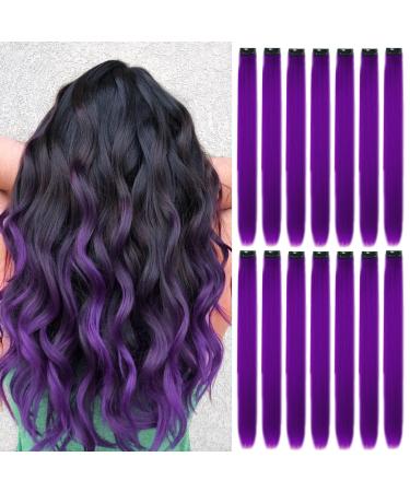 16Pcs Colored Clip in Hair Extensions 22 Inch Colorful Highlights Hairpieces Straight & Long Heat-Resistant Synthetic Hair Accessories for Kid Girls Women Party Hair Decor (16Pcs-New Purple)