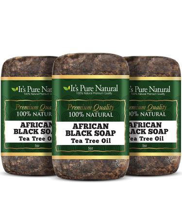 It's Pure Natural African Black Soap Bars with Tea Tree (Pack of 3) Organic Raw Soap for Face & Body Acne Treatment & Dark Spot Remover Made in Ghana