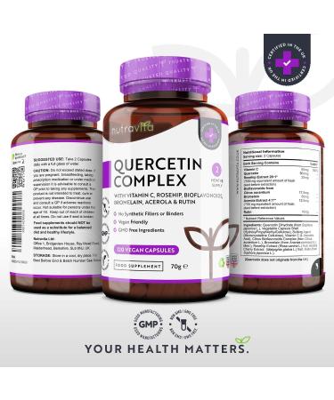 Quercetin 500mg with Bromelain, Vitamin C & Bioflavonoids - 120 Vegan Capsules for Immune Support | Nutravita - Buy Online on GoSupps.com