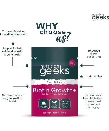 Nutrition Geeks Biotin Hair Growth Supplement - 180 Tablets with Zinc & Selenium - Vegan Hair Vitamins for Women & Men UK - Buy Online on GoSupps.com