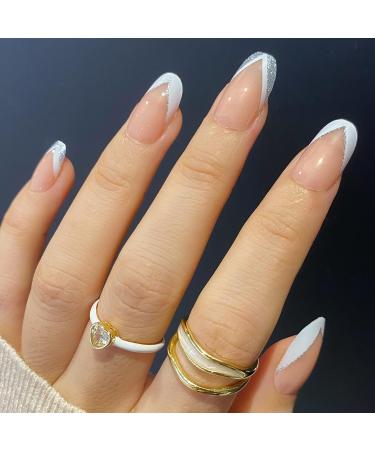 Novo Ovo Oval Almond Press-On Nails | Silver Glitter French Tip | Short/Medium Length Artificial Fingernails with Glue - Buy Online on GoSupps.com