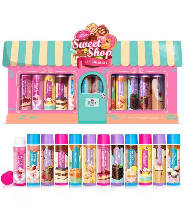 Beauty4Britain Kids Lip Balm Set Sweet Shop - 12 Different Dessert Flavours Beeswax & Coconut Oil Colourless for Girls and Boys
