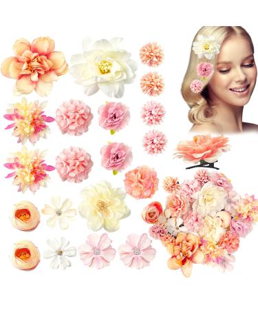 HFYZZ 21 Pack Flower Hair Clips Chiffon Rose Flower Hair Clips Bohemian Flower Hair Pins Bride Floral Hair Barrettes Brooch Flower Hair Accessories for Wedding Beach Party Decor(Pink and White)
