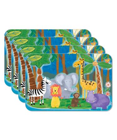 CounterArt Jungle Friends 4 Pack Reversible Easy Care Flexible Plastic Placemats Made in The USA BPA Free PVC Free Easily Wipes Clean