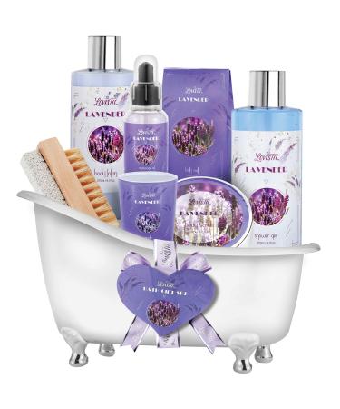 Relaxing Lavender Spa Bath Gift Baskets for Women-Girls  Christmas  Birthday  Bath and Body Set-Kit Includes Candle  Essential Oil  Body Scrub  Bath Salt  Body Lotion  Shower Gel and Body Scrub Brush