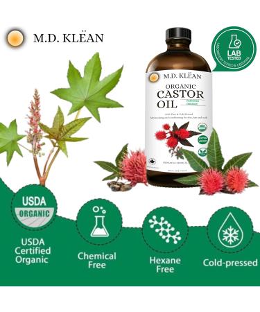 M.D. KLEAN ORGANIC CASTOR OIL 100% Cold Pressed (500ml) Amber Glass Bottle - Hexane Free | BPA Free Pump Inc | Unrefined Certified Organic | Skin Moisturizing and Conditioning Oil - Buy Online on GoSupps.com