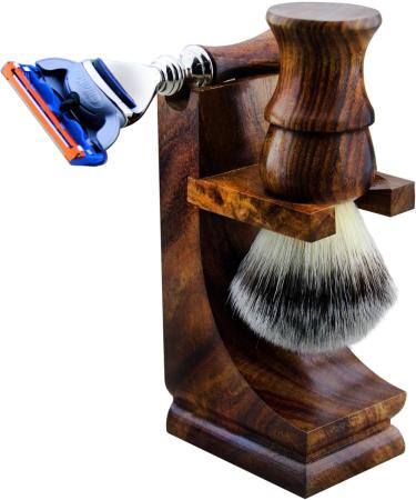 Haryali London 3-Piece Men's Wooden Shaving Set | 5 Razor Blades Synthetic Badger Hair Brush & Stand - International Shipping Available - Buy Online on GoSupps.com
