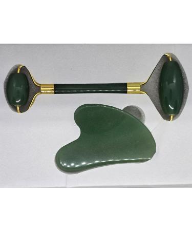 Jade Roller Gua Sha Set Natural Face Roller Skin Care Tools for Puffy Eyes Relief Anti Aging (Dark Green Aventurine)
