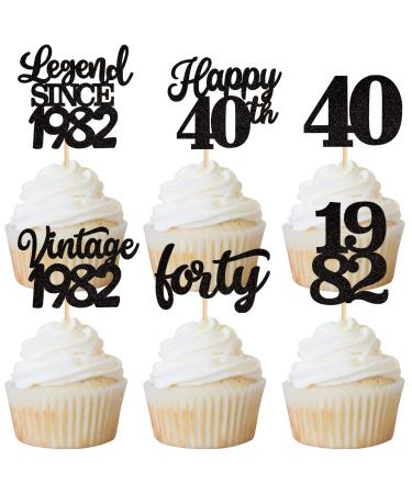Rsstarxi 48 Pack Black Vintage 1982 Cupcake Toppers Legend Since 1982 Forty Cupcake Picks Happy 40th Number 40 Cupcake Topper for 40th Birthday Wedding Anniversary Party Cake Decorations Supplies Black 40th