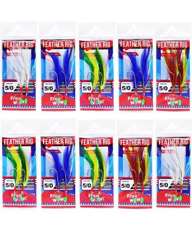 10pks Colors Fish WOW! Fishing Feather Rig Rockfish Rigged Rock cod Lures Jigging Rig with 5/0 Two High-Carbon Steel Hooks